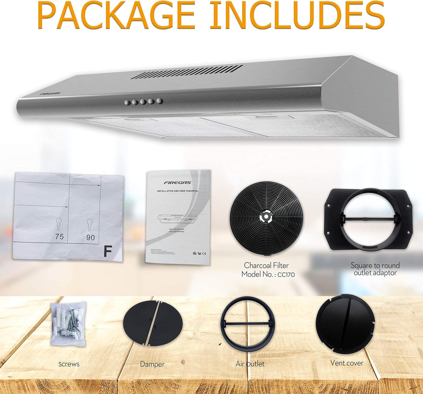 FIREGAS Range Hood 30 inch under cabinet with 3 Speed Hood Fan, LED Lights, Reusable Filters, Convertible Slim Kitchen Over Stove Vent Includes Charcoal Filter For Ducted/Ductless - PuriLite