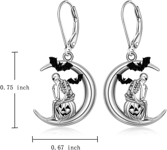 Halloween Skeleton Earrings for Women Pumpkin Bat Skeleton Skull Earrings Sterling Silver Spooky Horror Scary Earring Gothic Jewelry Holiday Christmas Gifts, Sterling Silver, Cubic Zirconia - PuriLite