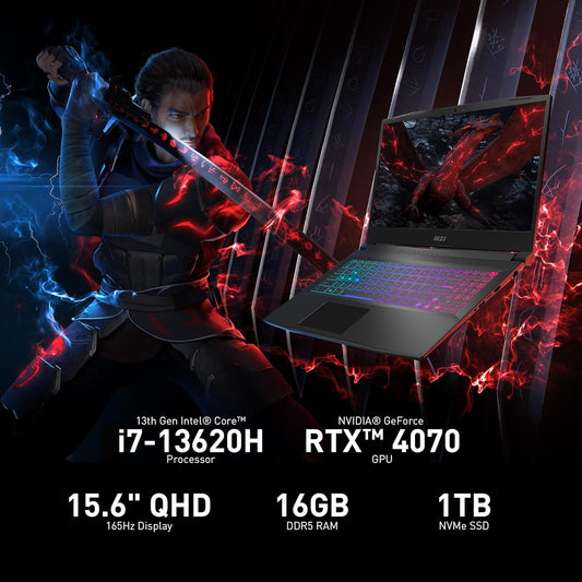 MSI Katana 15 15.6” 165Hz QHD Gaming Laptop: Intel Core i7-13620H, NVIDIA Geforce RTX 4070, 16GB DDR5, 1TB NVMe SSD, Cooler Boost 5, Win 11: Black B13VGK-2000US - PuriLite