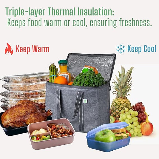 VENO 2 Pack Cooler Bag and Insulated Grocery Bags for Food Delivery, Collapsible Cooler Reusable Shopping Bags for Groceries with Hard Bottom, Zippered, Foldable, Heavy-Duty - PuriLite