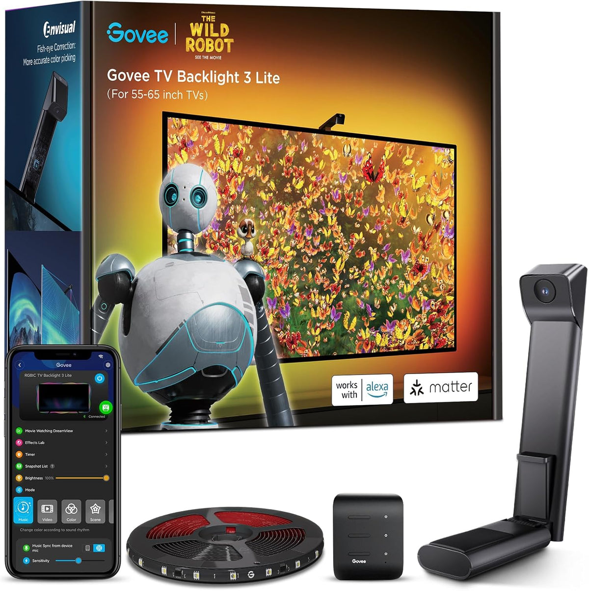 Govee TV Backlight 3 Lite with Fish-Eye Correction Function Sync to 55-65 Inch TVs, 11.8ft RGBICW Wi-Fi TV LED Backlight Strip with Camera, Voice and APP Control, Adapter - PuriLite