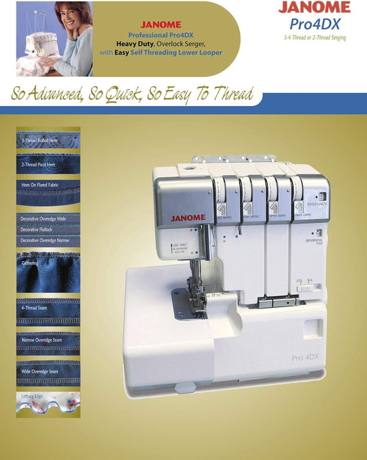 Janome Pro4DX Heavy-Duty Overlock Serger, with Easy Threading Lower Looper, Differential Feed, 2 needle, 2/3/4 Thread Overlock Stitching. Metal Thread Mast - PuriLite