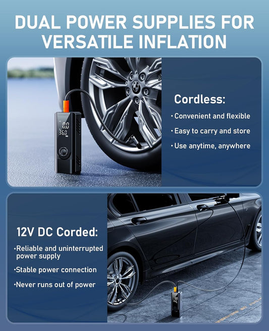 Tire Inflator Portable Air Compressor, Cordless Battery Powered and 12V DC Dual Power Air Pump for Car Tires, 150PSI Electric Bike Tire Pump with Pressure Gauge, LED Light for Car, Bike, Motor, Balls - PuriLite