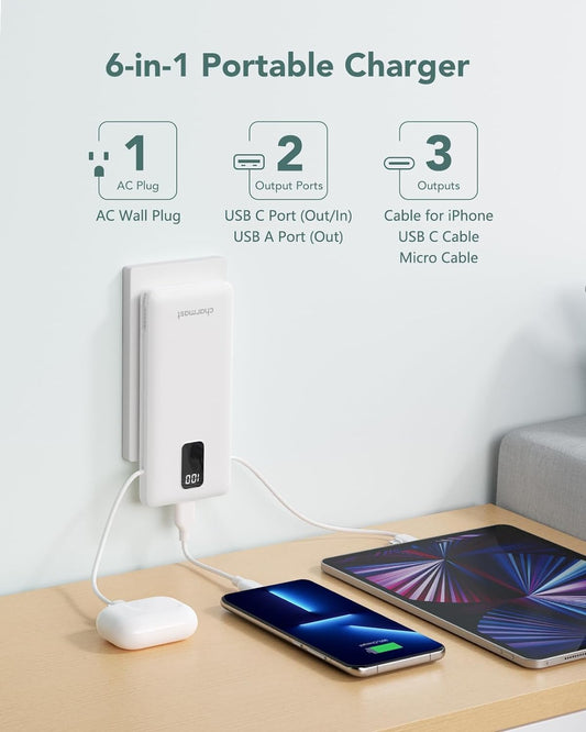 Charmast 10000mAh Portable Charger with Built-in Cables and AC Wall Plug,Compact Slim Power Bank, External Battery Pack, Travel Accessories Compatible with iPhone 16/15/14/13, Android, All Cellphones - PuriLite