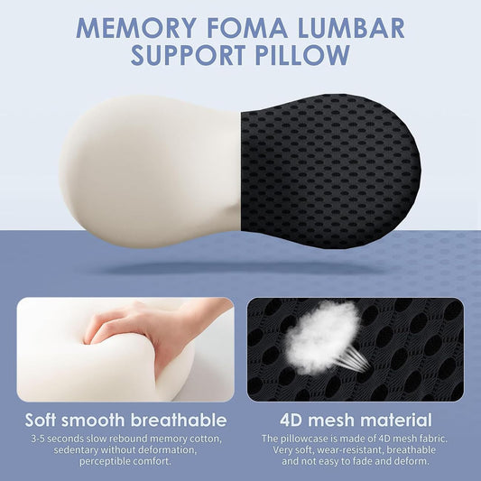 Lumbar Support Pillow for Lower Back Pain Relief – Ergonomic Streamline Memory Foam Cushion for Office Chair, Car Seat, Bed, and Sleeping – Ideal for Drivers and Office Workers (Black) - PuriLite
