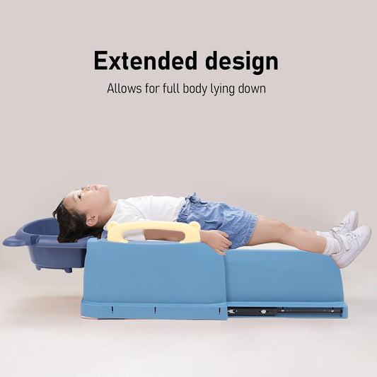 Foldable Baby Shampoo Chair, Adjustable Length Kids Hair Washing Bath Seat with Shampoo Basin and Head Cushion Soft Armrests, Non Slip Bath Chair for Children (Blue) - PuriLite