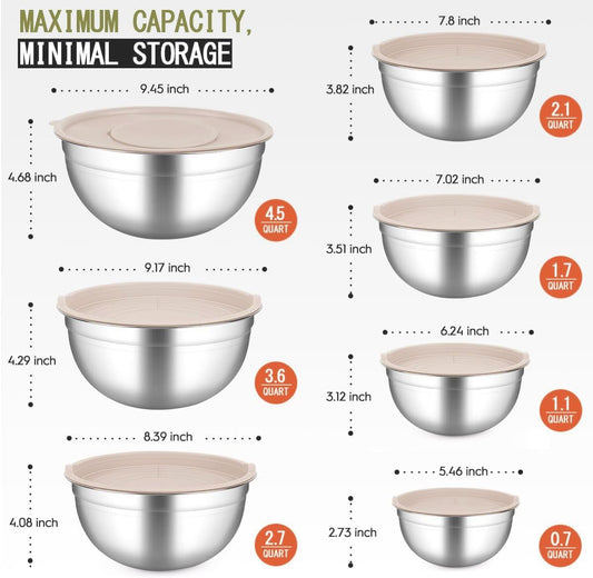 JUJOJB Mixing Bowls With Lids Set,Stainless Steel Mixing Bowls Set With 3 Grater,Metal Nesting Bowls For Kitchen Baking Refrigerator Meal Prep Food Storage Organizer,7 Size(Khaki) - PuriLite
