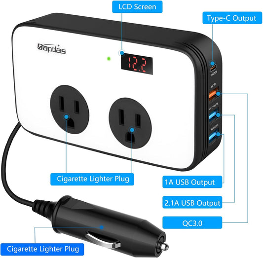 Bapdas 200W Power Inverter DC 12V to AC 110V Car Adapter Plug Outlet with PD 25W USB-C, QC3.0 and Dual USB Ports Loptop Car Charger - PuriLite