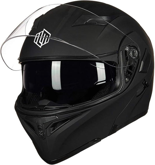 ILM Motorcycle Dual Visor Flip up Modular Full Face Helmet DOT with 7 Colors (L, Matte Black) - PuriLite
