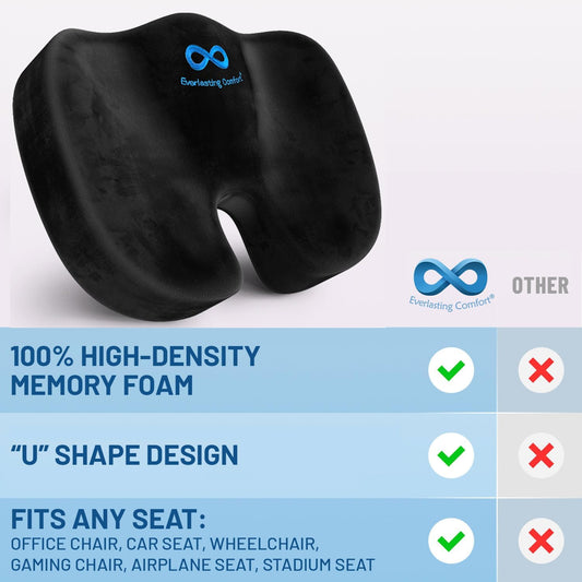 Everlasting Comfort Memory Foam Seat Cushion - Office Chair Cushion for Work, Travel, Car Support Pillow for Driving - Portable Seat for Chairs and Desks - Coussin Chaise - Black - PuriLite