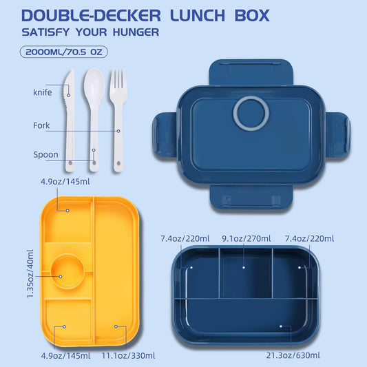 Bento Box Adult Lunch Box - 2000 ML Stackable with 8 Compartments, Leak-Proof, Built-in Sauce Container, Utensils, Microwave/Dishwasher/Freezer Safe - Blue - PuriLite