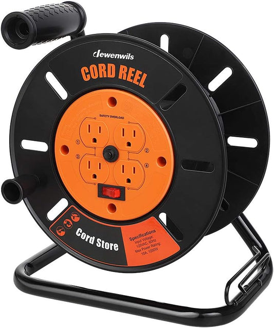 DEWENWILS Extension Cord Storage Reel with 4-Grounded Outlets, Heavy Duty Open Cord Reel for 12/3,14/3,16/3 Gauge Power Cord, Hand Wind Retractable, 10A Circuit Breaker, Rocker Power Switch - PuriLite