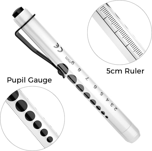 RISEMART Pen Lights for Nurses, 2 Pack Reusable Medical Light with Pupil Gauge and Ruler, White Light LED Penlight for Student Doctors EMT (Black/White) - PuriLite