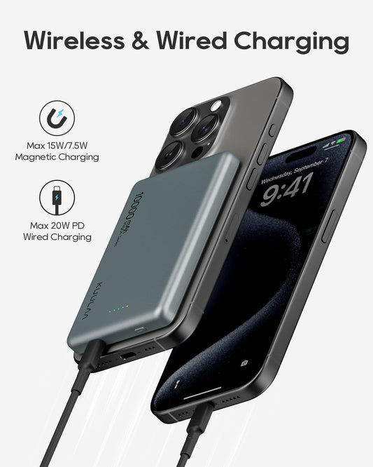 Kuulaa Magnetic Power Bank 10,000 mAh, 10,000mAh Wireless Portable Charger, 20W USB C Fast Charging Battery Pack Compatible with iPhone 15 Pro Max, 15,14 Plus, 13, 12 Series (Space Gray) - PuriLite