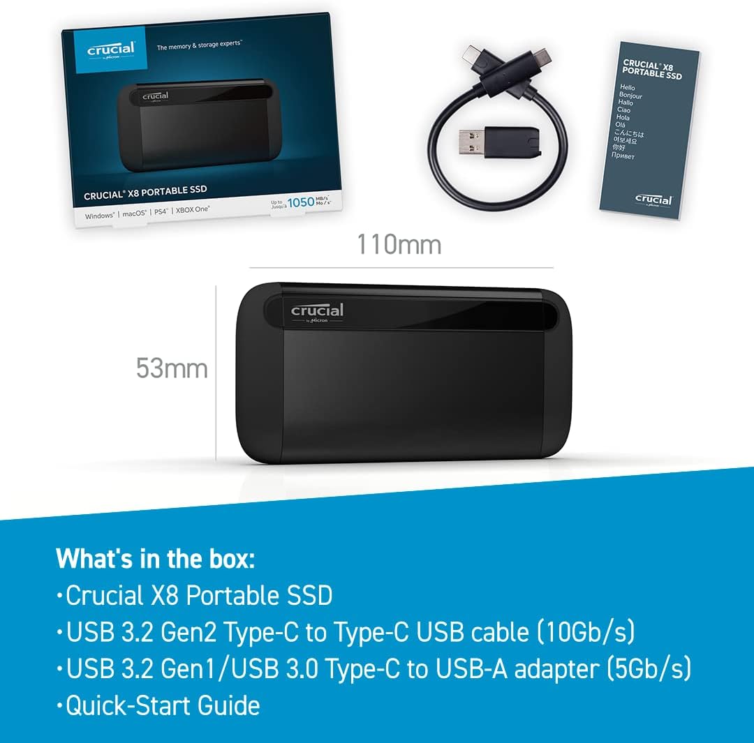 Crucial X9 4TB Portable SSD, Up to 1050MB/s, USB 3.2 USB-C, External Solid State Drive, Compatible with Windows, Mac, & Android, Reliable Storage for Games, Files, & Backups, Black - CT4000X9SSD902 - PuriLite