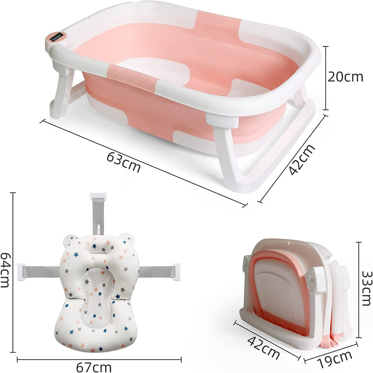 Befol Collapsible Baby Bathtub for Infants to Toddler, Portable Travel Bathtub Multifunctional Bathtub with Drain Hole, Baby Folding Bathtub for Newborn 0-36 Month (grey+Floating Baby Bath Cushion) - PuriLite