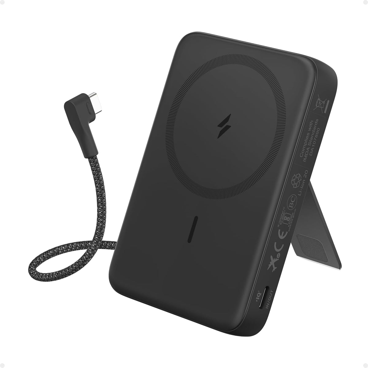Anker Zolo Magnetic Power Bank, 10,000mAh Wireless Portable Charger with 30W Max Fast Charging, Battery Pack with Built-in USB-C Cable and Adjustable Stand, for iPhone 16/15 Series, AirPods, and More - PuriLite