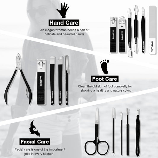Manicure Set Professional Nail Clippers Pedicure Kit, 16 pcs Stainless Steel Nail Care Tools Grooming Kit with Luxurious Travel Leather Case for Thick Nails Men Women Gift (Black) - PuriLite
