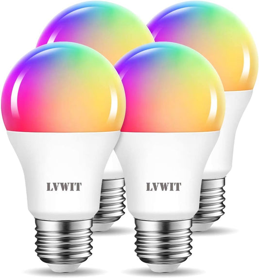 LVWIT Smart Light Bulbs Alexa, A19 60W Equivalent, E26 Smart LED, Work with Google Assistant, Smart Life App, Tuya App, RGB Color Changing Bulb (8.5W), No Hub Required, 4-Pack - PuriLite