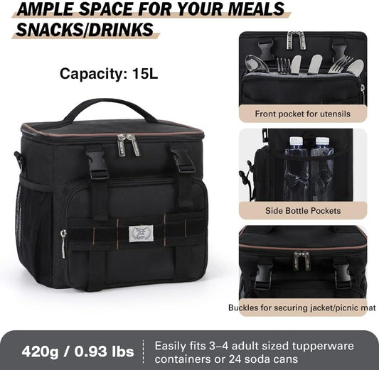 Lekebobor Tactical Lunch Bag for Men, Leakproof Large Insulated Lunch Box with Molle, Waterproof Cooler Bag for Adults Men Outdoor Picnic Travel Office, 24Can (15L), Black - PuriLite