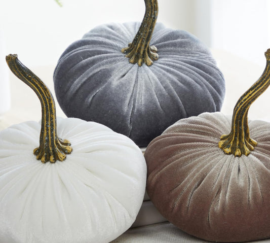 Velvet pumpkins set of 3 small, neutral home decor, fall tablescape, tiered tray centerpiece, elegant gift set for friend, Thanksgiving centerpiece, cozy autumn vibe, hygge home (Gray, Taupe, Ivory) - PuriLite