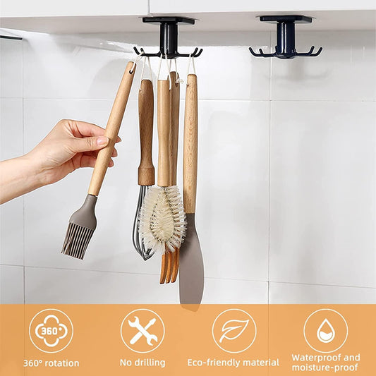 EigPluy 2-Pack Under Cabinet Kitchen Utensil Hooks – 360° Rotating, Drilling-Free Adhesive Hanging Rack for Utensils, Towels, Knives, and Kitchen Tools, Black - PuriLite