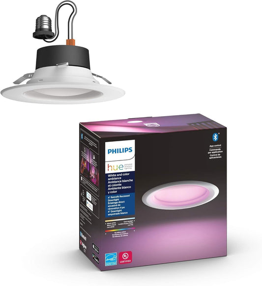 Philips Hue White & Color Ambiance 4" Smart LED Retrofit Can Downlight, Color Changing, Bluetooth & Zigbee Compatible (Hue Hub Optional), Smart Ceiling Lighting - PuriLite