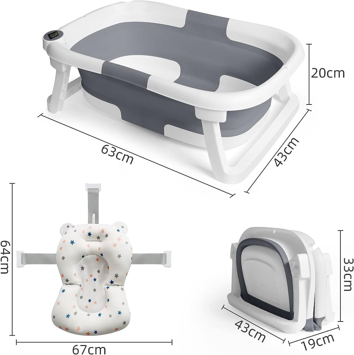 Befol Collapsible Baby Bathtub for Infants to Toddler, Portable Travel Bathtub Multifunctional Bathtub with Drain Hole, Baby Folding Bathtub for Newborn 0-36 Month (grey+Floating Baby Bath Cushion) - PuriLite