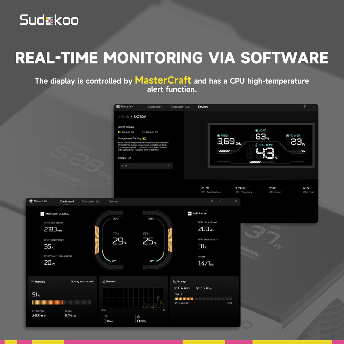 Sudokoo SK700V AM5 CPU Cooler, AM5 Exclusive, Digital Display, 7 Heatpipes CPU Air Cooler, Single Tower, 120mm FDB PWM Fan, Full RAM Freedom, L-Rail Lock Mount, 5 Years Warranty, Black, PC Cooler - PuriLite
