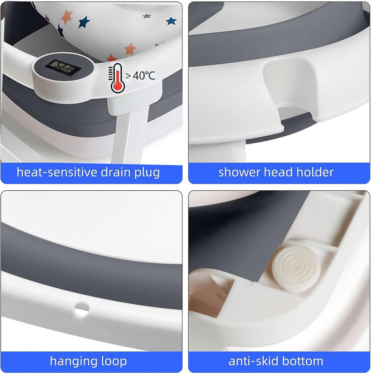 Befol Collapsible Baby Bathtub for Infants to Toddler, Portable Travel Bathtub Multifunctional Bathtub with Drain Hole, Baby Folding Bathtub for Newborn 0-36 Month (Blue+Floating Baby Bath Cushion Pink - PuriLite