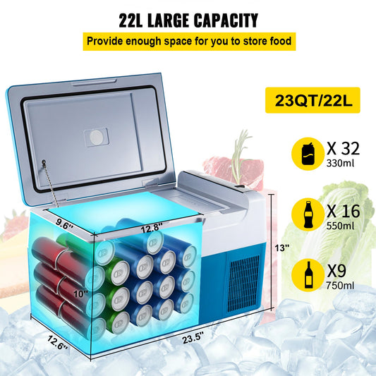 VEVOR Portable Refrigerator 23 Quart(22 Liter),12 Volt Refrigerator App Control(-4℉~68℉), Car Refrigerator Electric Compressor Cooler with 12/24v DC & 110-240v AC for Camping, Travel, Fishing, Outdoor - PuriLite