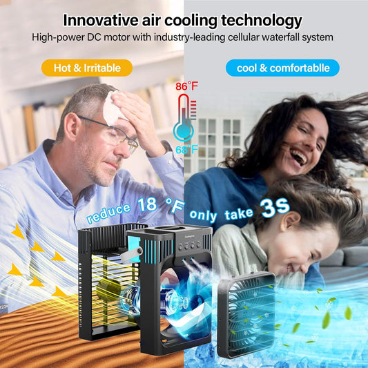 Portable Air Conditioner, LEAEYFE 3 Higher Speeds With 1200ml Extra Large Water Tank, 7 Color Lights 2/8 Hour Timer, 120° OscillatingCooling Fan For Desk, Home, Bed and Living Room - PuriLite