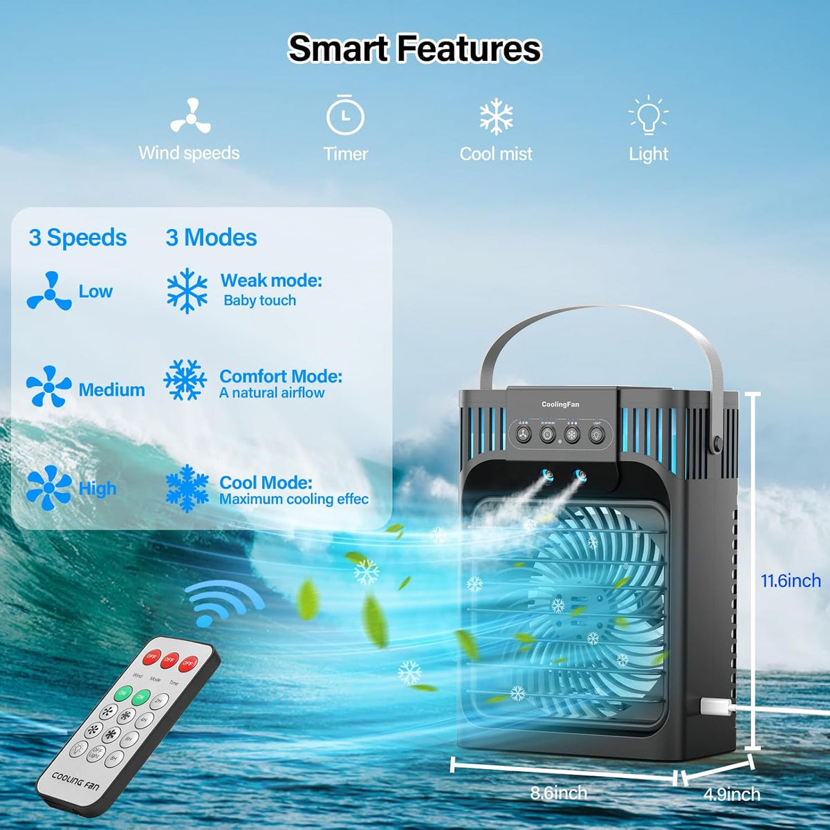 Portable Air Conditioner, LEAEYFE 3 Higher Speeds With 1200ml Extra Large Water Tank, 7 Color Lights 2/8 Hour Timer, 120° OscillatingCooling Fan For Desk, Home, Bed and Living Room - PuriLite
