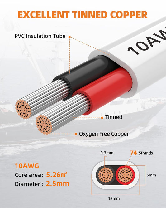 CONEPY Marine Cable 10 Gauge Duplex 10/2 Marine Grade Pvc Wire Braided Copper Tinned Waterproof Oxygen Free IP68 10 Awg For Boat, Automotive, Rv, Solar, Led Strips (9M/30 Feet) - PuriLite