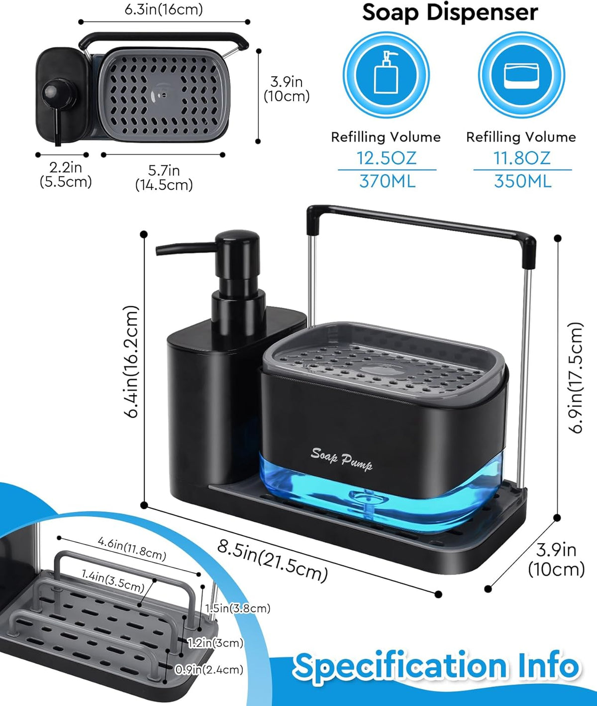Hand and Dish Soap Dispenser Set with Tray – Dual Pump Soap Dispenser, Sponge & Dishcloth Holder, 5-in-1 Kitchen Sink Organizer, BPA-Free, Countertop Storage, Black - PuriLite