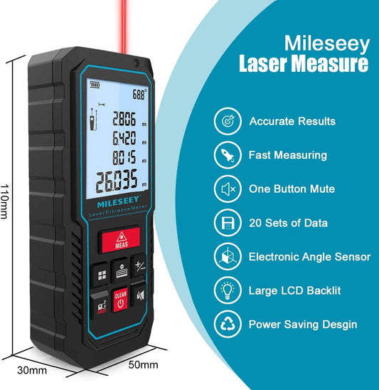 229Ft Laser Measure Device, Mileseey Digital Laser Tape Measure with Upgraded Electronic Angle Sensor, ±2mm Accuracy, Area Measurement,Volume and Pythagoras, Backlit LCD,Mute, Battery Included - PuriLite