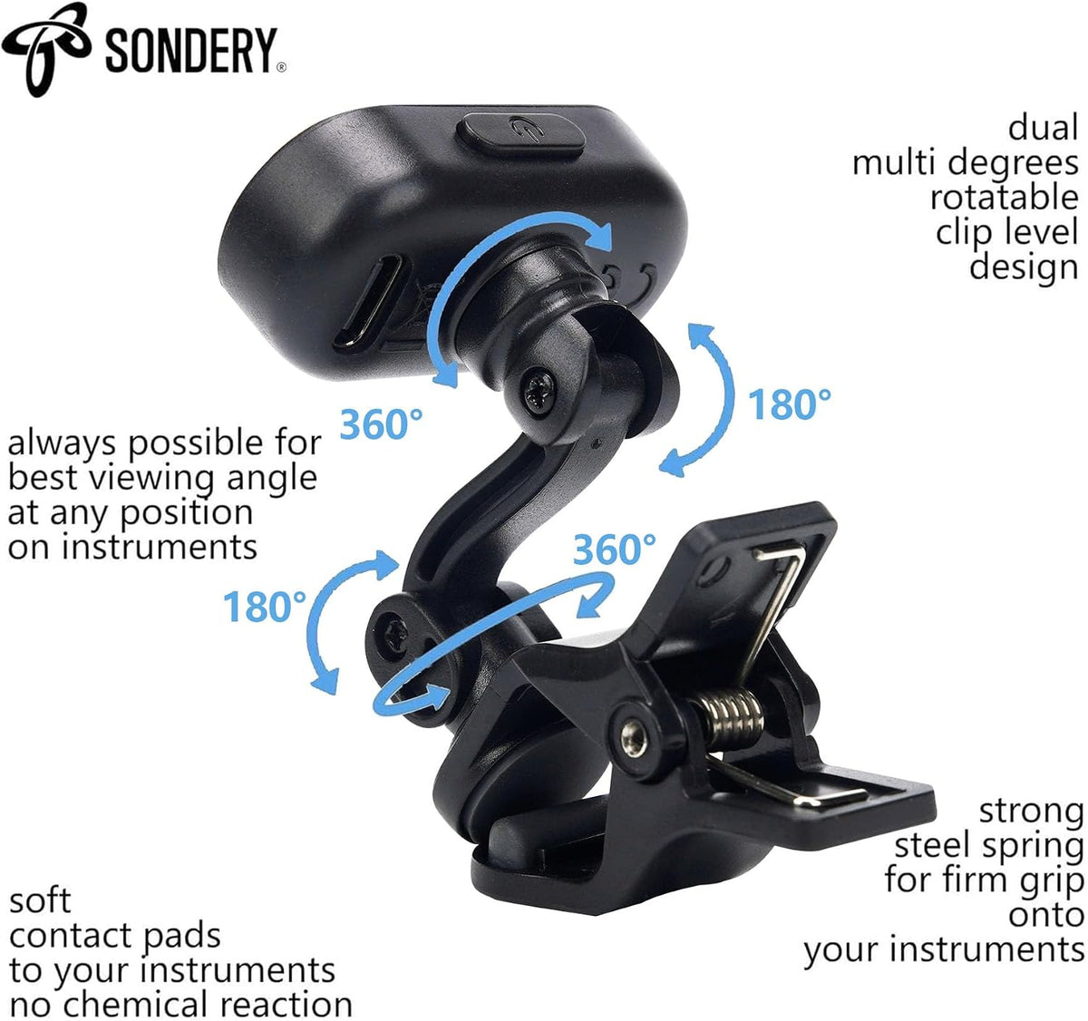 Sondery ClipTune Rechargeable Guitar & Ukulele Clip-On Tuner | TFT Color Display, Chromatic Headstock Tuner, 410-460Hz Calibration, USB Rechargeable, Multi-Instrument