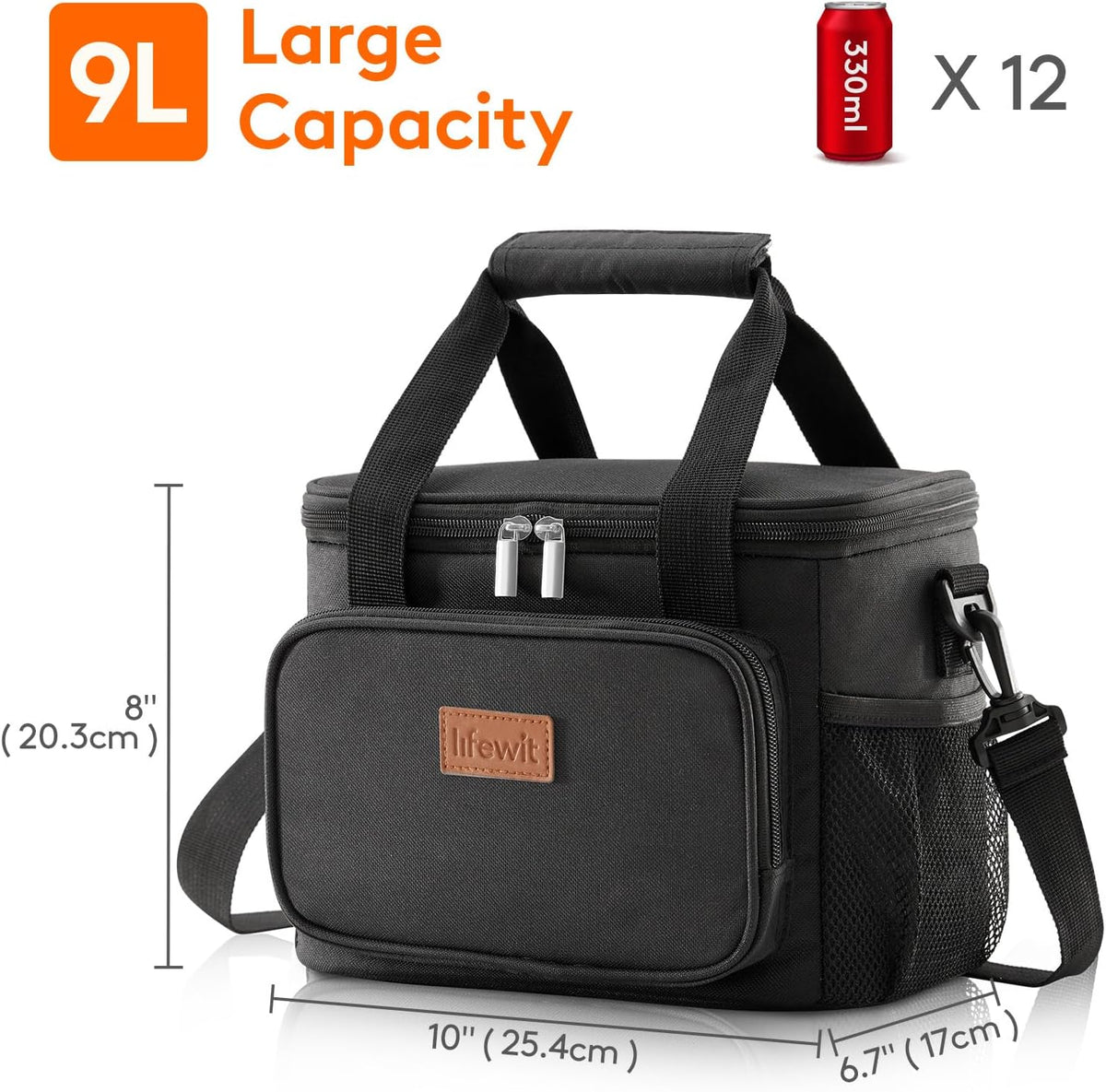 Lifewit Lunch Bag for Men, Insulated Lunch Box Leakproof Soft Cooler Cooling Tote for Adult Women, Waterproof Reusable Lunch Bags for Work Office Outdoor Picnic Camping, Black, 12-Can (9L) - PuriLite