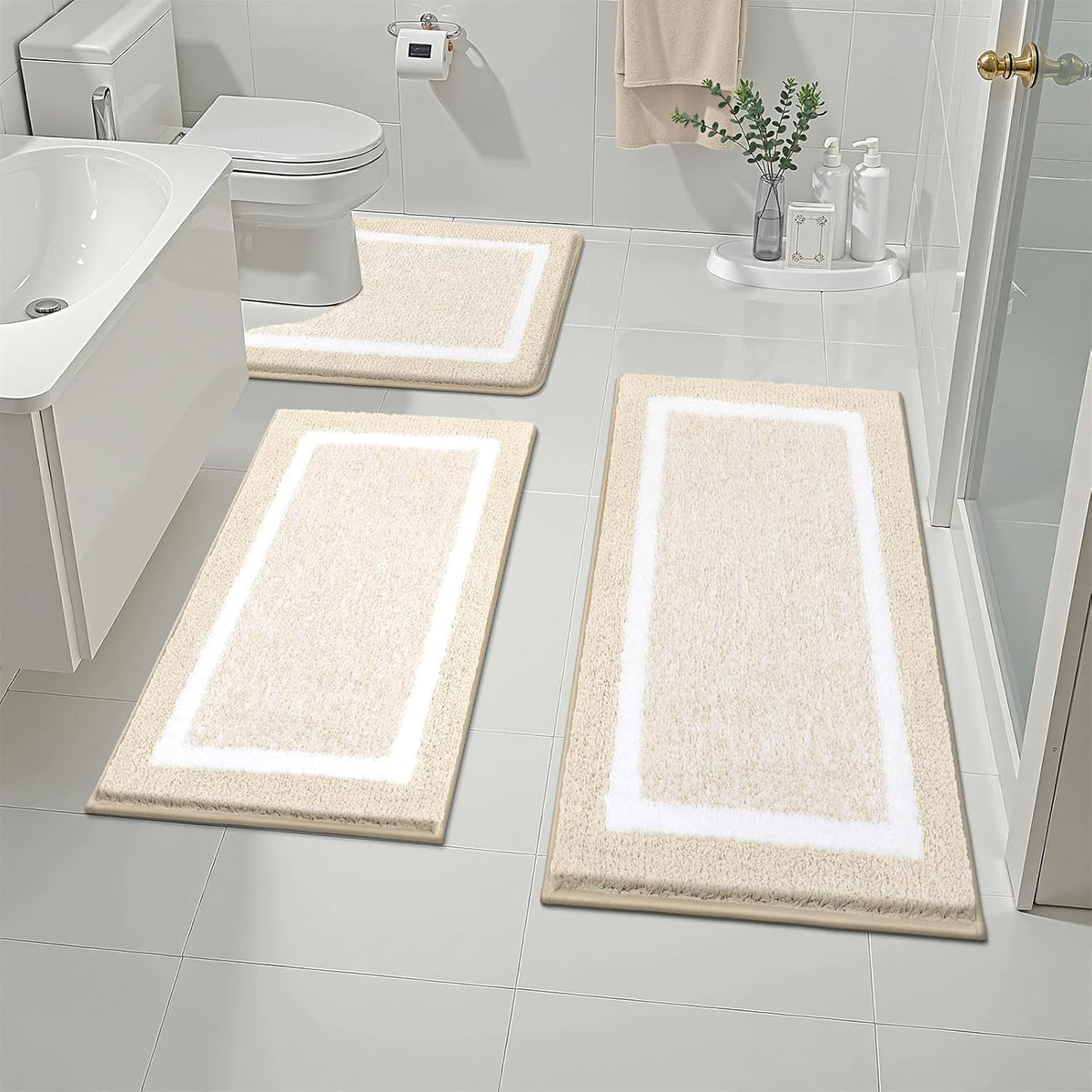 Pauwer 3 Piece Bathroom Rug Set, Non Slip Washable Bath Mat, Light Beige Soft Plush Microfiber, Super Absorbent Floor Carpet, U Shaped Toilet Mats, Quick Dry, Shaggy Shower Rugs Runners