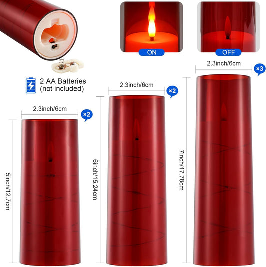 Liomus Flickering Flameless Candles, LED Pillar Canldes with String Light, Battery Operated Remote Control Timer Flameless Candles (D2.3 x H5 6 7in) for Wedding Christmas Home Decor - A Set of 7 - Red - PuriLite
