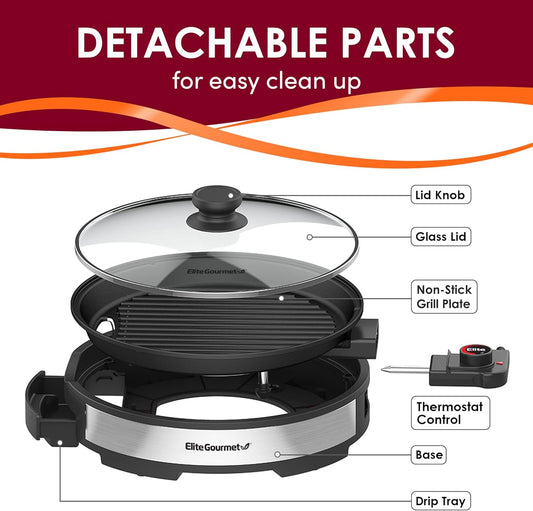Elite Gourmet EMG6505G Smokeless Indoor Electric BBQ Grill with Glass Lid, Dishwasher Safe, PFOA-Free Nonstick, AdjCatable Temperature, Fast Heat Up, Low-Fat Meals Easy to Clean Design - PuriLite