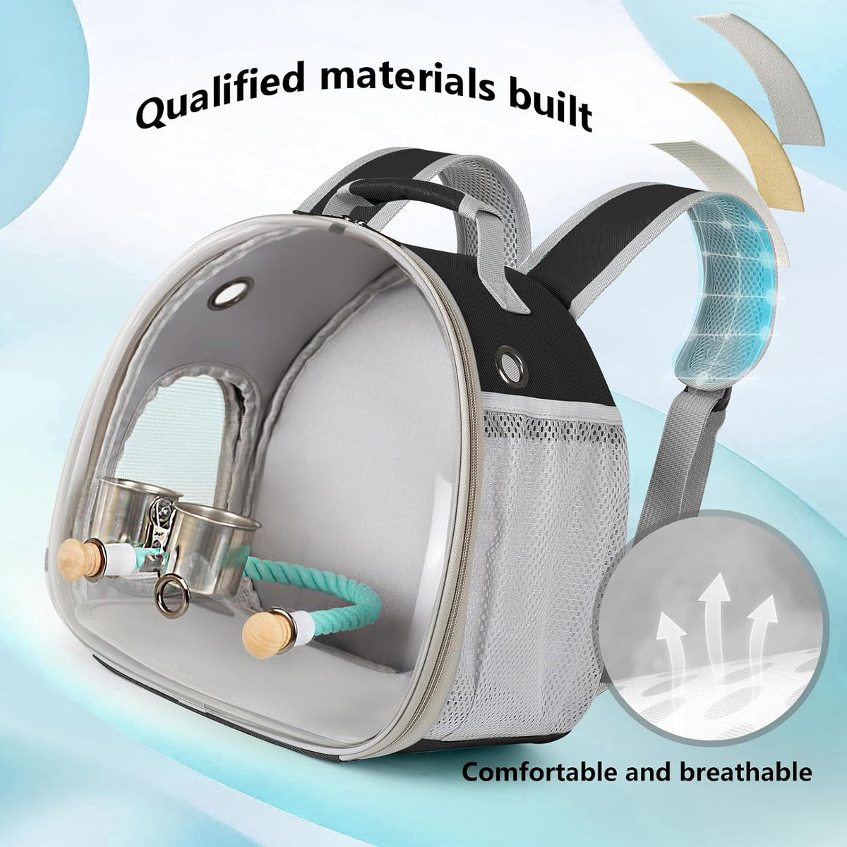 Small Bird Travel Carrier Backpack (Black, Perch & Cup Set)