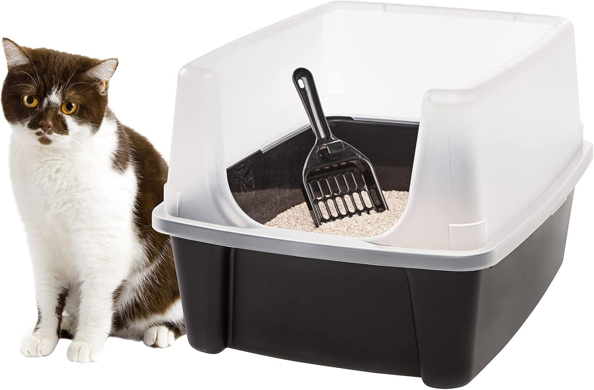 IRIS USA Large Cat Litter Box with Scoop, Open Top Cat Litter Pan, Black - PuriLite
