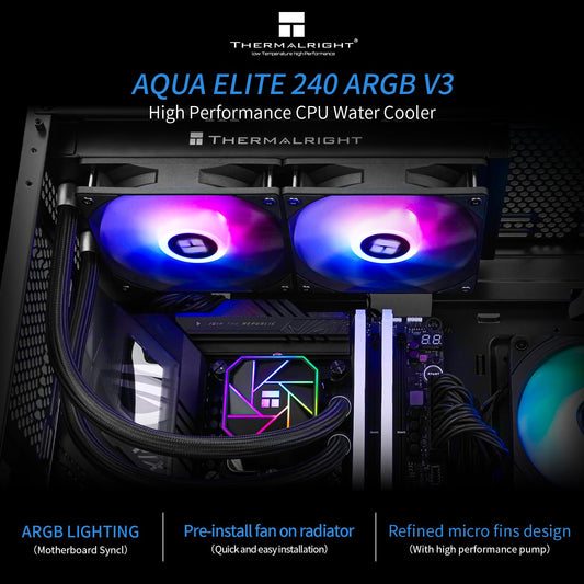 Thermalright Aqua Elite 240 V3 Liquid CPU Cooler, AIO Pump Head Speed up to 3300RPM, TL-C12B-S V2×2 PWM Fans,for AMD/AM4/AM5, Intel LGA1150/1151/1200/2011/1700, Computer CPU Aio Cooler - PuriLite