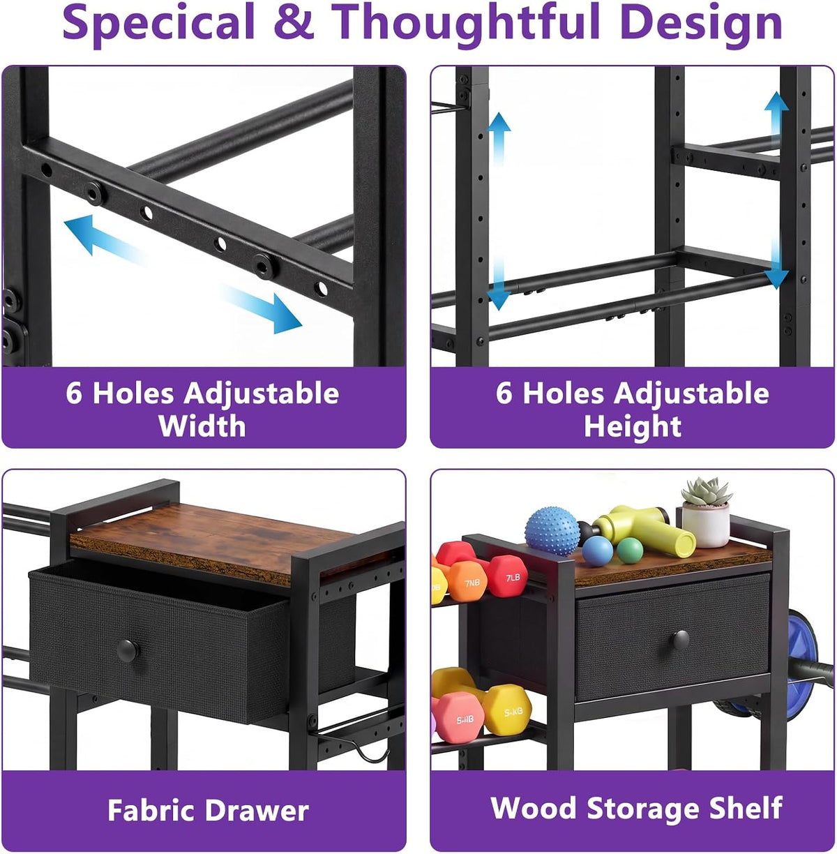 ikkle Home Gym Storage Rack, Adjustable Dumbbell Weight Rack with Drawer
