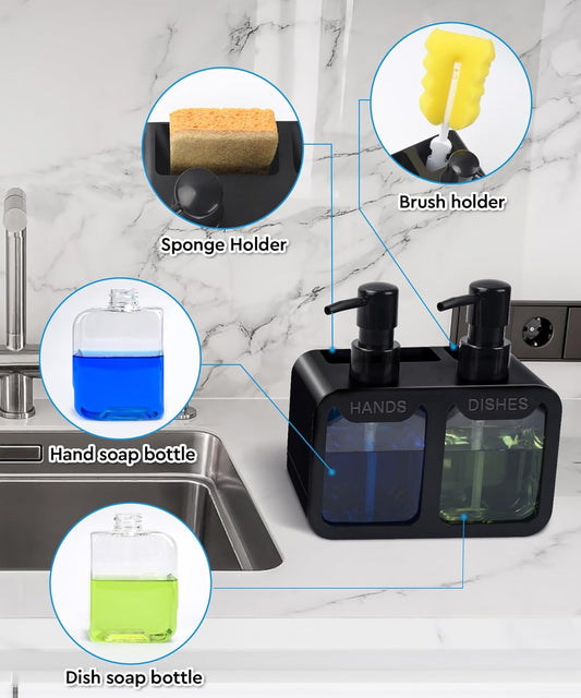 Kitchen Hand Soap and Dish Soap Dispenser Set – Dual Pump Soap Dispenser with Sponge and Brush Holder, 4-in-1 Sink Organizer, BPA-Free, Compact Kitchen Countertop Storage, Black - PuriLite