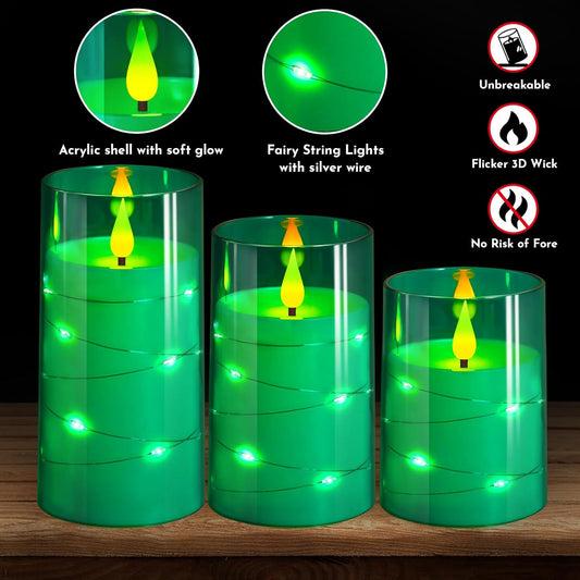 NURADA Flickering Flameless Candles: Built-in Star String Acrylic Battery Operated LED Pillar Candles with Remote and Timer for Home Party Weddings Christmas Halloween Decor -Green 3 Pack - PuriLite