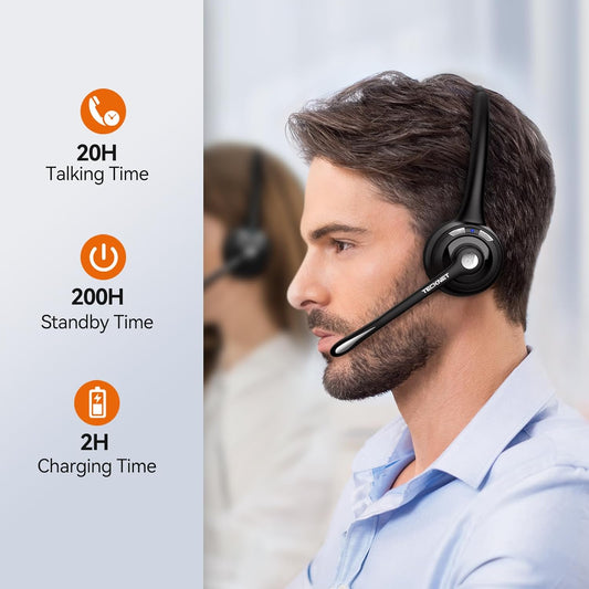 TECKNET Wireless Headset, Bluetooth Headphones with Noise Cancelling Microphone for Trucker, Hand Free Wireless Headset with Mute Mic for Cellphone/PC/Home/Office/Call Center - PuriLite