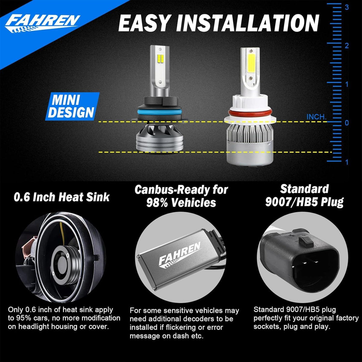 FAHREN H11 H9 LED Headlight Bulbs, 40000LM Super Bright H11 LED Bulb with Canbus Driver, 360° Adjustable Light Angle Halogen Replacement Kit, 6500K White IP68 Waterproof, Pack of 2 - PuriLite
