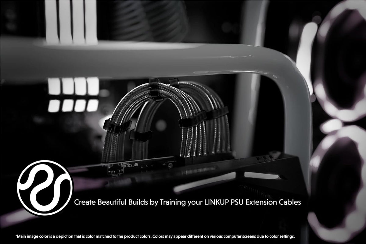 LINKUP - 30cm Super Soft and Flexible PSU Cable Extension Sleeved Custom Mod GPU PC Braided w/Comb Kit | 1 x 24 P (20+4) | 2 x 8 P (4+4) CPU | 2 x 8 P (6+2) GPU Set | 300mm - Blackgreen - PuriLite